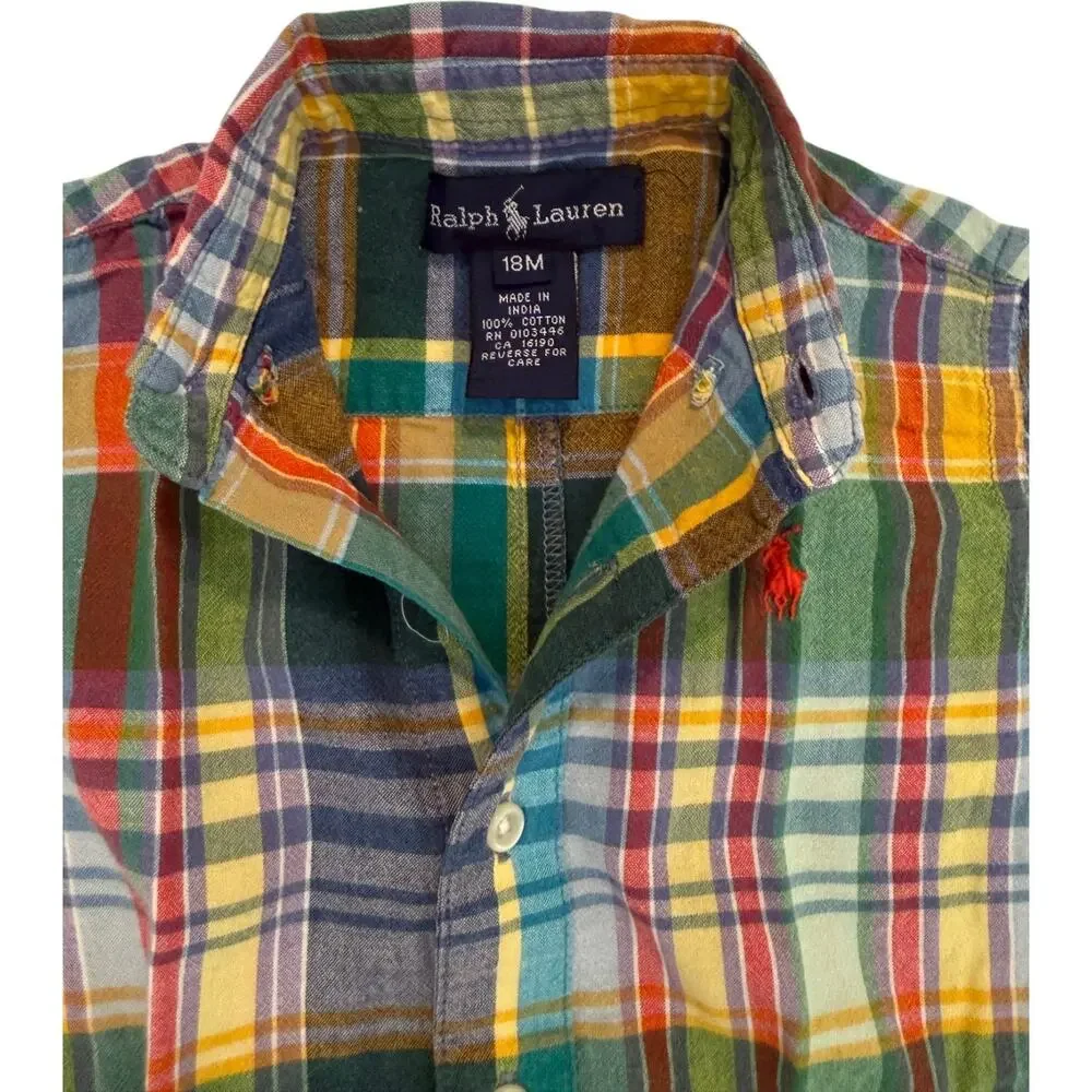 Vintage RALPH LAUREN 18m Baby Toddler Romper Madras Plaid Red Pony Snap Bottom